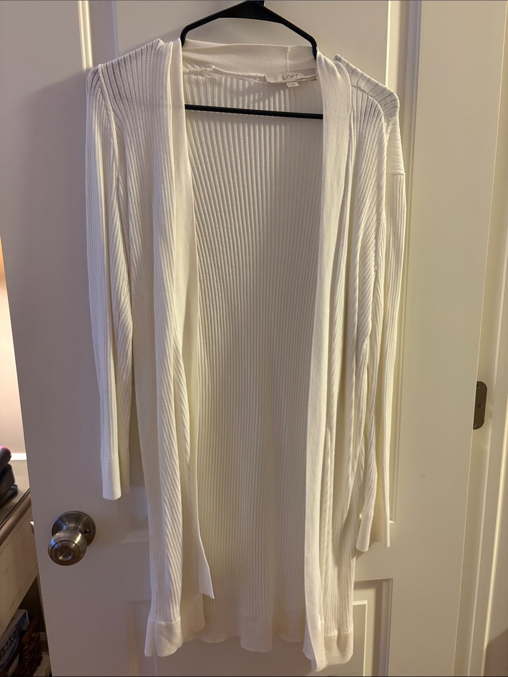 LOFT Cream Open-Front Ribbed Cardigan